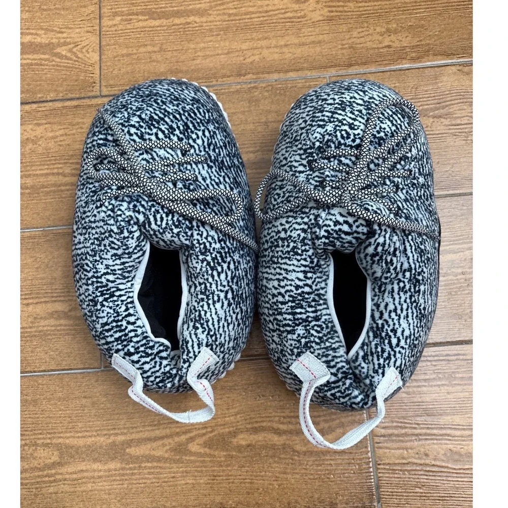 Kids Plush Sneaker Slippers Black White Streetwear Style House Shoes Size Medium